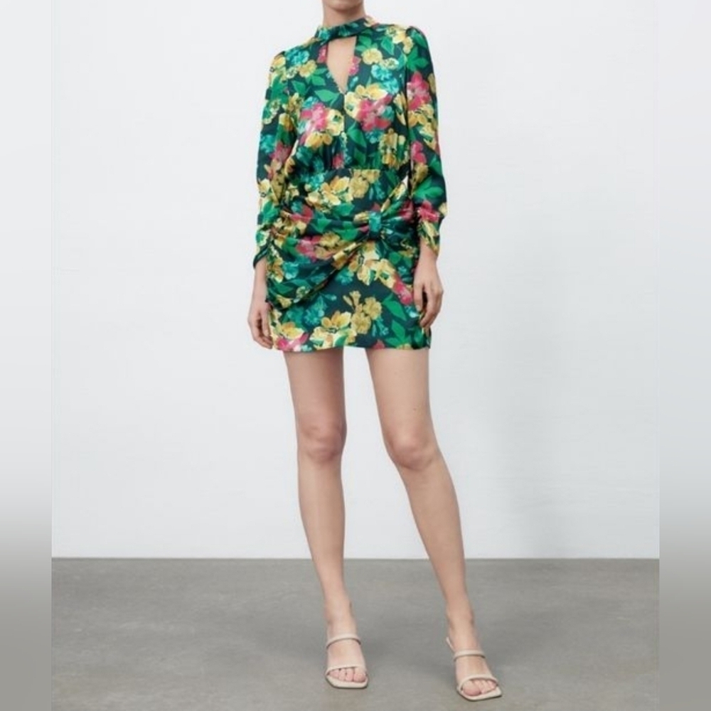 Zara Women's Green Floral Multi Print Mini Dress, Bow Detail, Neck Choker, XS